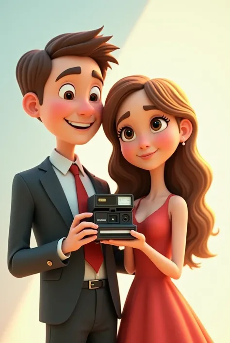 I need a picture of two couples in formal wear, stuck together but without a boyfriend-girlfriend tone, one of them holding a polaroid style camera, the woman&#39;s hair is long and light brown, light background, Pixar style animated photo, his hair is sho...