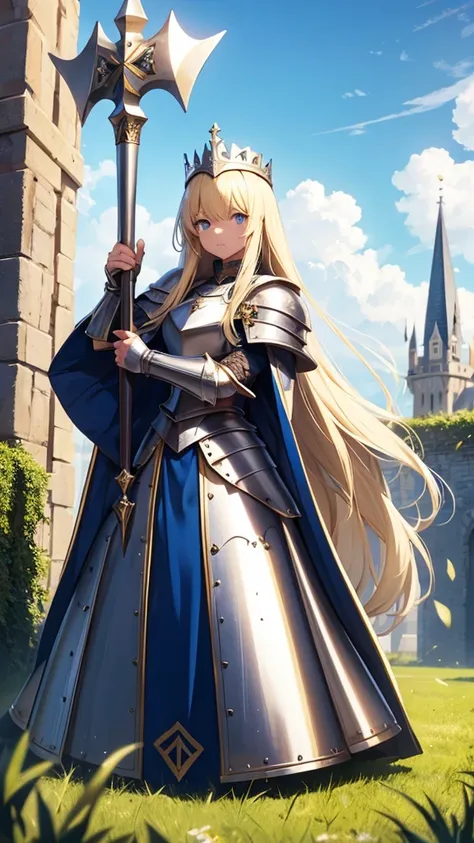 Young girl, blonde, long hair, full plate armor, Excalibur, holding it up high, loose and fluffy, Middle Ages, clumsy, blue sky, strong wind, sparkling