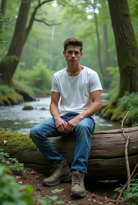 A slim young man, wearing a white t-shirt and blue jeans, safety shoes, the man is in the forest and is sitting on a broken tree, nearby there is a river that looks like flowing water, the photo is very realistic, very real, clear details , 32k resolution,...