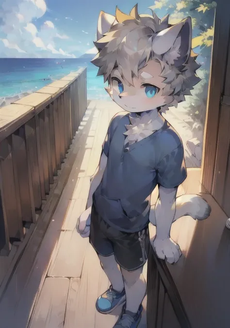 bright eyes, panorama, character focus solo, furry, furry male cat, male yellow-white fur, blue eyes, gray hair (long), wearing blue shorts and shorts, casual clothing, young style, height one meter seven, handsome, has a tail,Put his arms on the table