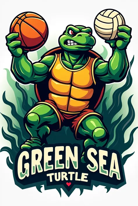 make a sports logo using sea turtle 
name infront  wording "Green Sea Turtle ",   emphasizing fierce face,
muscular arm holding basketball ball in right arm 
Holding volleyball ball n left arm, 
seaweeds, 
steal color,
With jersy 