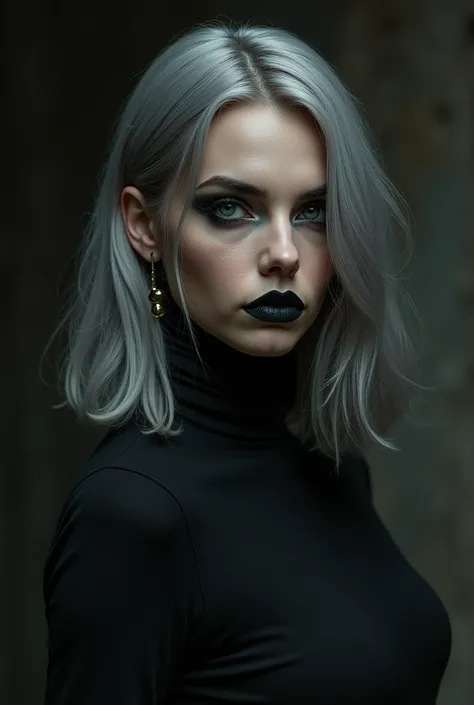 A brown woman with shoulder-length gray hair. She is wearing gothic makeup with smokey eyes, black lipstick and skin with a purposeful pale tone. The background is dark and gloomy, matching the gothic theme. Her expression is serious and enigmatic., with a...