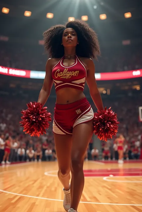 A sexy black cheerleader with huge titties on a basketball court 