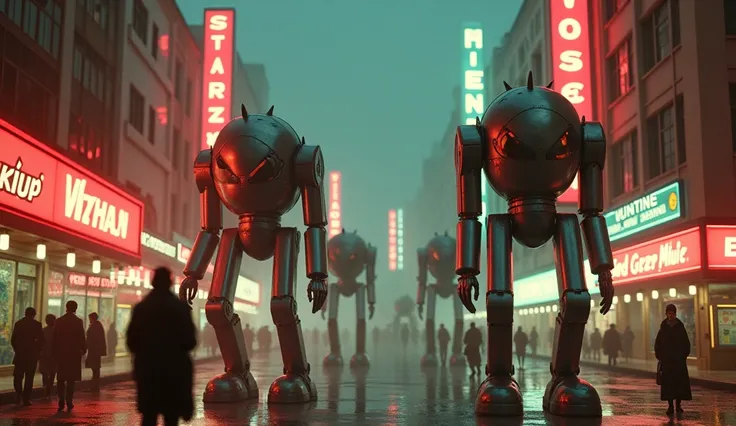 (Masterpiece.UHD.photorealistic analog photography. 1950 style) In a dystopian retro futuristic world. A scene depicting a group of imposing walking 1930 clunky and rusty evil robots with glowing eyes, patrolling the city center, their sleek metallic forms...