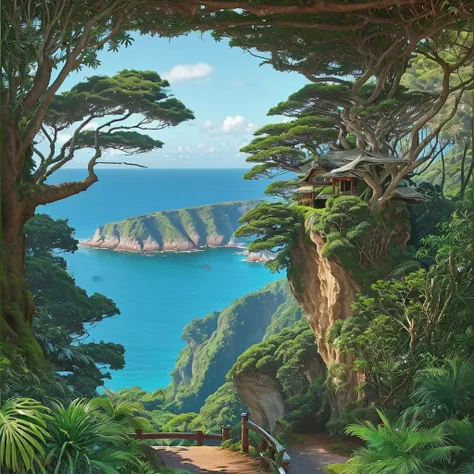 Tropic Forrest, road, giant bonsai, sea view from cliff