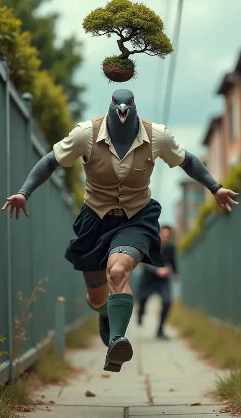 ((Highest quality)), ((realistic photo, ultra realistic photo)), (An evil open-mouthed smile), (A small bonsai tree and moss are held above his head), ((Jumping over the fence and escaping)), A gray female pigeon wearing an off-white collared short-sleeved...