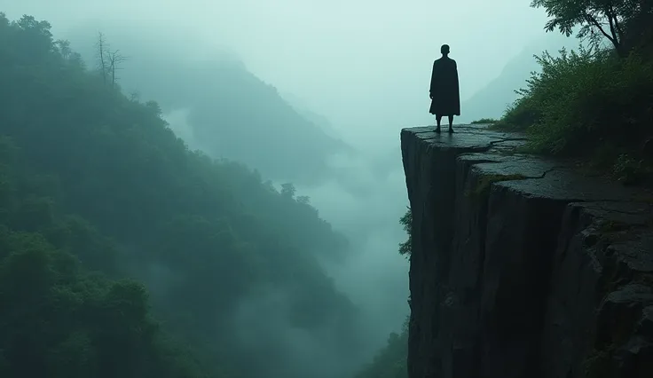 A shadowy figure standing at the edge of a cliff, looking down at the dense jungle below, covered in mist.