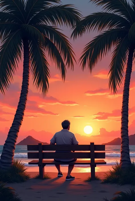 A men sitting on a beanch of beach and sweing sunset alone 