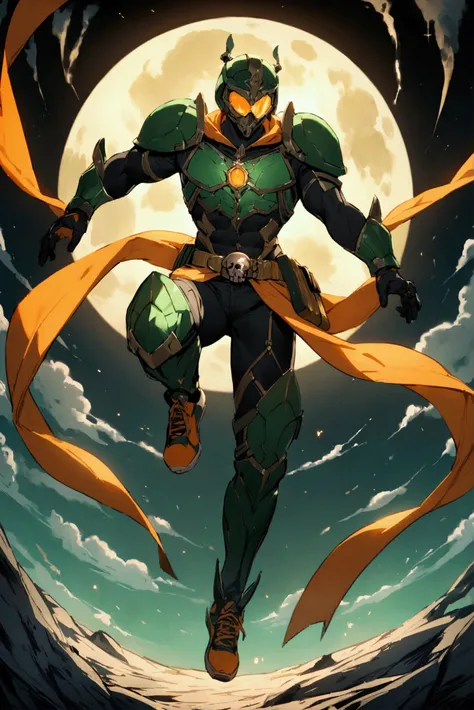 One third of the screen faces the full moon　Wearing an orange glowing scarf、Wearing modern dark green full body armor over a black bodysuit　He is wearing a helmet with a combination of skull and insect designs.、Skull２cut, Wearing glowing green goggles　Arou...