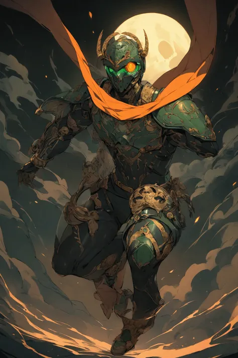 One third of the screen faces the full moon　Wearing an orange glowing scarf、Wearing modern dark green full body armor over a black bodysuit　He is wearing a helmet with a combination of skull and insect designs.、Skull２cut, Wearing glowing green goggles　Arou...