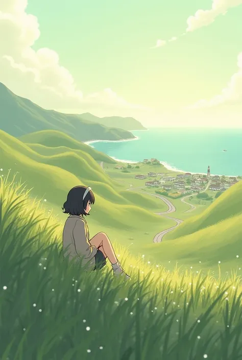 Sitting女の子、accessories, ribbon, hair band, far and near method, Ghibli-style illustration, building、The Endless Road、High-resolution scenery, Wide-angle shot, 空気far and near method, Sea Street、Lighthouse、A girl on a hill, Sitting,