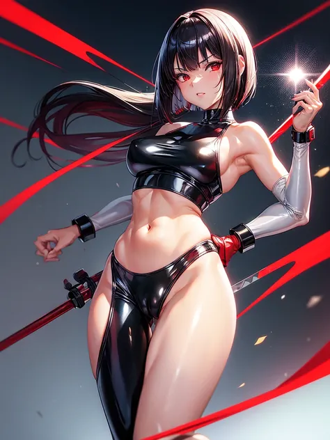 solo girl,Glossy metalic light silver tank top, tight latex shiny, Red interpolation color,Black hair bob,red eyes, camel toe, Samurai Sword,
Lift one leg, sexy lady, โชว์กางเกงใน girl, ถ่างขา, งอเข่า,