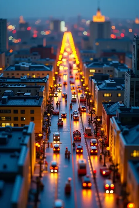 a fully functional lego city of Kharkiv Ukraine, view during peak night hours, high traffic, Constructivist architecture, wide avenue, sumska street, photographed by a drone flying at 18 meters altitude, ultra detail, isometric