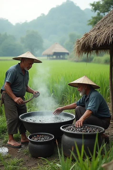 Farmers in the northeast of Thailand are cooking and boiling mussels. The atmosphere is in the middle of a rice field where rice is just planted. The background is a hut in the middle of the rice field.