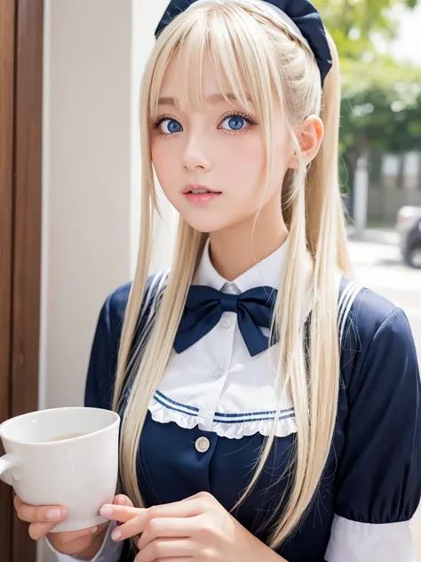 Portraiture、School uniforms、bright表情、ponytail、young, bright, Whiter skin、Best Looks、Blonde reflection、Platinum blonde hair with dazzling highlights、輝くbright髪,、Super long, Silky straight hair、beautiful shiny bangs、Sparkling, clear, Attractive big blue eyes、...