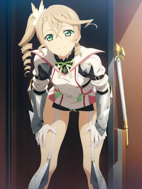 NSFW:1.5,adarmor, Blonde, Side Ponytail, Green Eyes, armor, Neck ribbon, Black shorts, Garter Straps, Gauntlet, gloves, Greaves, One girl, chest wall, Game CG, Anime screenshots, Official Art, masterpiece, Highest quality,A captivating smile,small breasts,...