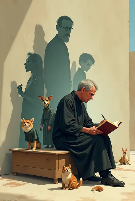 An image is generated where a priest is writing a book and behind him is his shadow in the form of a woman..., old man and animals... As if his shadow represented what he imagined at the time of writing the book.. cartoon version