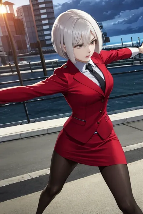 A woman with silver short bob hair, European-Asian mixed, around 30 years old, pale skin (Caucasian-like), wearing a red blazer, red mini-skirt suit, red tie, black tights, and red high heels, firing pistols with both hands, in combat, action scene with a ...