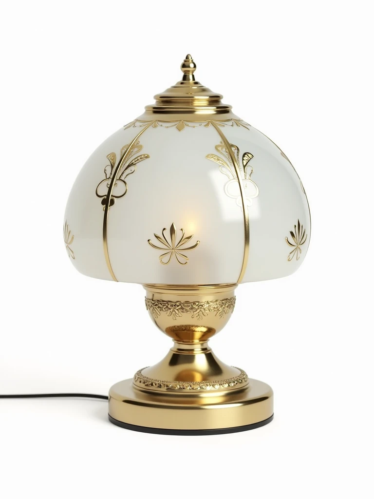 Create a highly realistic image of a vintage 90s touch lamp, featuring a brass base with floral detailing and a frosted glass lampshade. The lampshade has delicate golden floral patterns, with the lamp sitting on a smooth, reflective surface. The design sh...