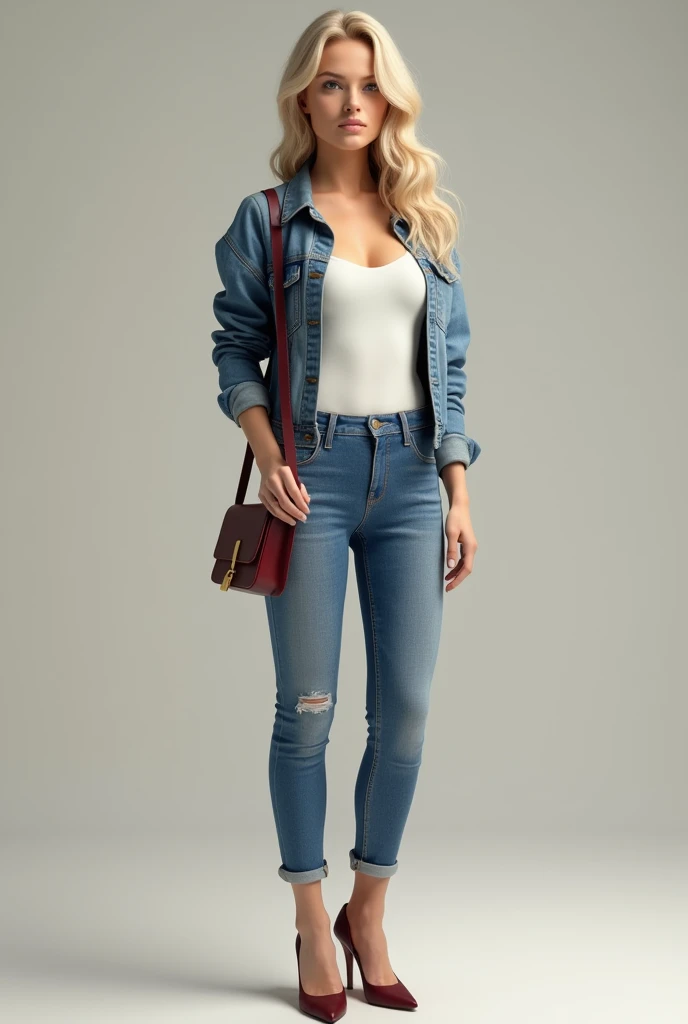 young woman, Pretty, light blonde, hair waves jeans pants and denim jacket, white top, wine red lipstick, small wine red shoulder bag, weinrote high heels als 3 d figur. She should look almost like a real person. 
