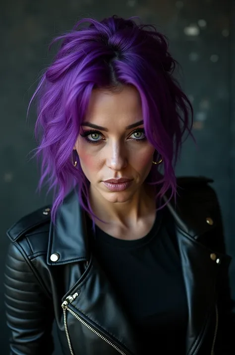 An adult rocker woman with purple hair, black t-shirt and a black leather jacket