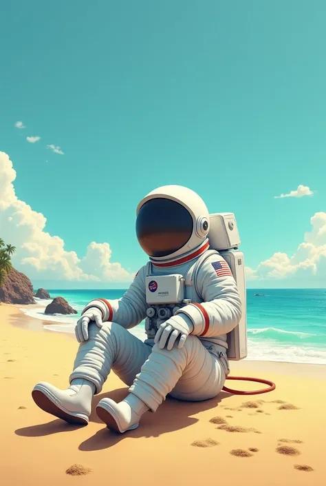 make an astronaut sunbathing on the beach background pc