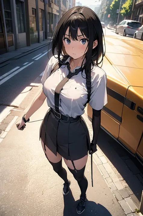 high quality, masterpiece, Ultra-high resolution, (Realism: 1.4), Oil painting style, Cinema Lighting, , I stood on the empty asphalt road and looked at it.., And suspenders with flying cranes　　Large Breasts　 　 　　　　Small face　 　　　holster　　　　　　　 Lying in be...