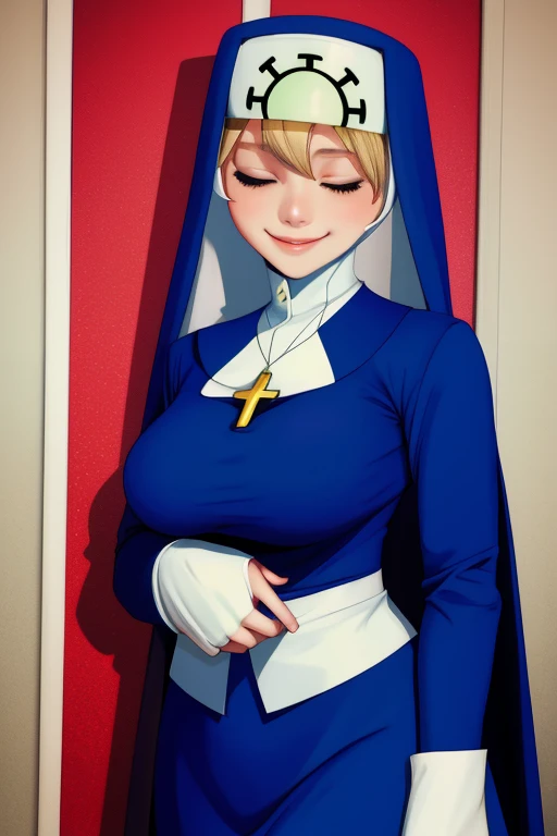 double, short blonde hair, nun uniform, medium breasts, solo, 1girl, smiling, cowboy shot, closed eyes, blue habit, cross neckla...