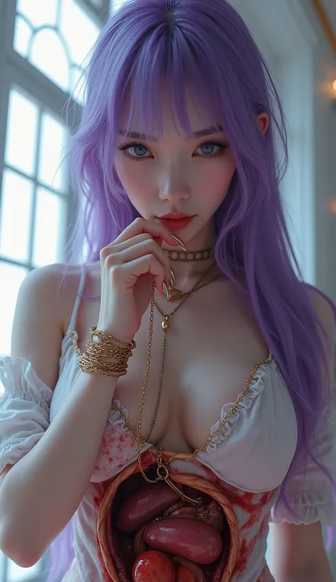 (((photorealistic:1.4))), ultra realistic, pores, (((masterpiece))),high quality, ultra details, realistic white skin beautiful smiling face pretty korean idol girl with strong long sharp golden shiny fingernails, long purple hair, beautiful eyes, pretty l...