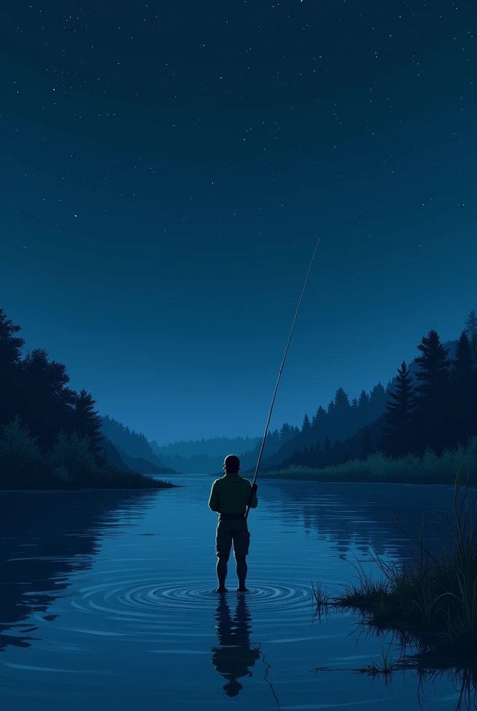 Angler、Back view、An illustration、simple、river、Night Sky、high quality、high resolution