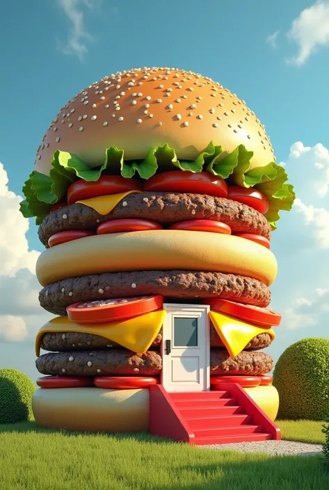 
A giant burger house with realistic textures, featuring sesame seed buns, lettuce, tomatoes, cheese, and beef patties as the structure. The house has a white door and windows integrated into the burger layers. The front yard is well-maintained with green ...