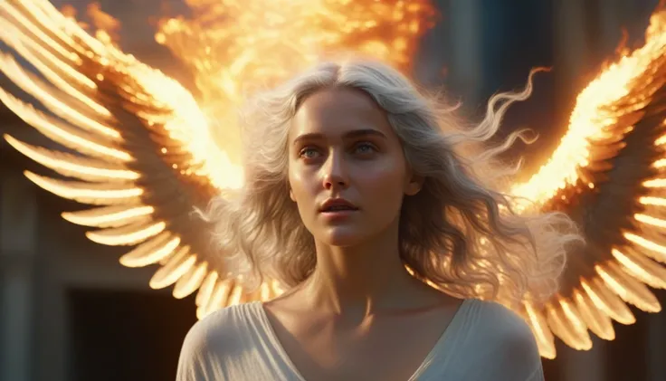 a silver-haired wavy-haired girl with angelic wings falling from the sky, on fire, close-up, ethereal, cinematic lighting, dramatic, highly detailed, photorealistic, 8K, (best quality:1.2), (ultra-detailed:1.2), (realistic:1.37), dramatic lighting, glowing...