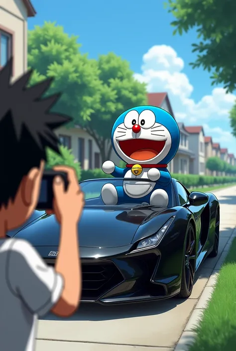 Nobita taking a photo of Doraemon sitting on a black Scorpio S11 on the hood of his car.