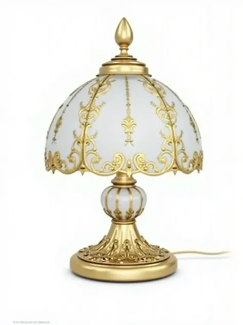 Create a highly realistic image of a vintage 90s touch lamp, featuring a brass base with floral detailing and a frosted glass lampshade. The lampshade has delicate golden floral patterns, with the lamp sitting on a smooth, reflective surface. The design sh...