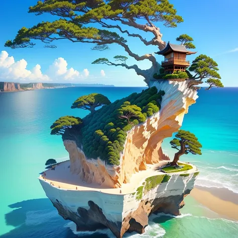  beach view, cliff with a giant bonsai on top, one boat sailing 