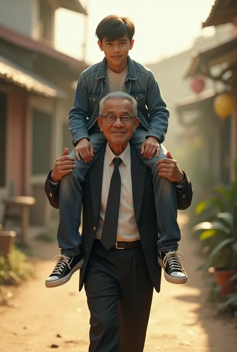 A handsome young man, 2, originally from Indonesia, wearing a t-shirt and a denim jacket, long jeans, snakers shoes, white plump body, being carried by a grandfather with the face of President Jokowi Dodo, The man was carried on the shoulders of a black-ha...