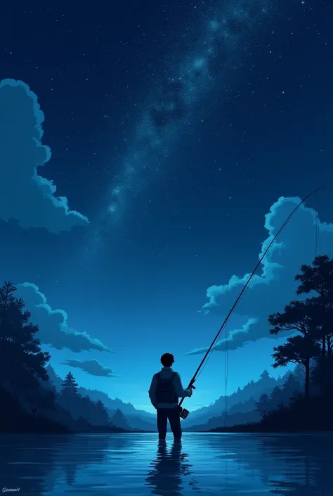 Angler、Back view、An illustration、Night Sky、A starry sky、river、high resolution、high quality
