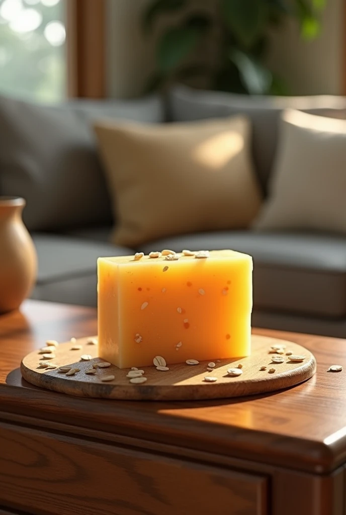 Create me a handmade honey and oatmeal soap on my ultra-real living room table