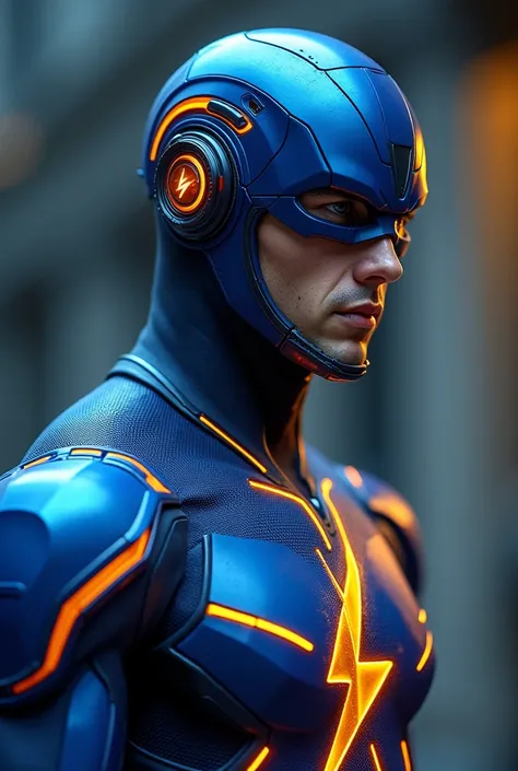 create a superhero with these characteristics: His suit is made of a special material that resists the friction caused by super speed.. It&#39;s blue with orange details., symbolizing the lightning that gave him his powers. He has a visor that protects his...