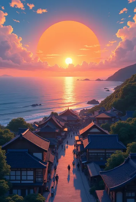 A small seaside town in Japan can be seen in the distance，Blue sky，White clouds float，Spectacular orange sunset　more realistic