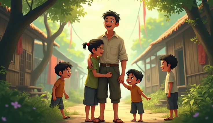 cartoon a A Vietnamese village, a poor young man with a few poor children clinging to him. Everyone was very happy. light coming from the sky, in the style of layered fabrications, ethereal nature scenes, intricate webs, cyclorama, national geographic cart...