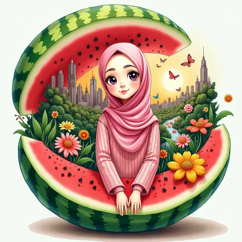 Lively hand drawn illustration of a sliced watermelon, showing beautiful white skinned woman,well-groomed face,wearing pink hijab,knitted clothes ,cargo pants pose sitting smiling eyes looking at the camera, in its fleshy interior. Beautiful flowers ,  wit...