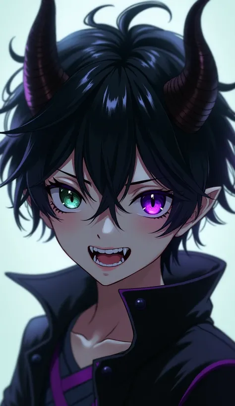 boy,black hair, purple eyes, green eyes,Tooth, pointy ears, a high resolution, In detail, very detailed, short hair, fangs, Strictness, simple background, Demon Horns, chiaroscuro, Backlight, anime style, 
