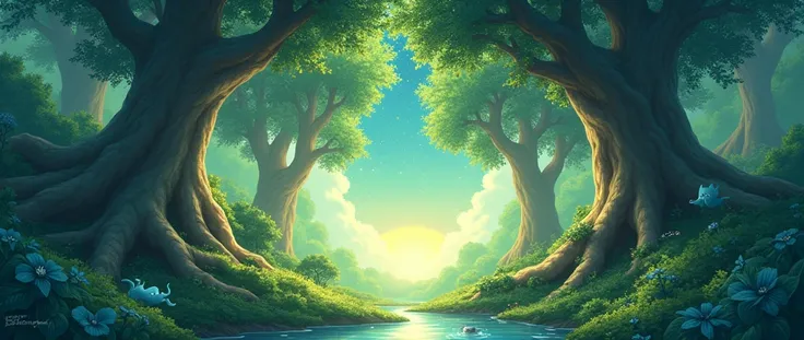 /imagine prompt: Viral anime nature wallpaper in 4K quality, in the style of digital illustration
inspired by Hayao Miyazaki, featuring a serene forest with towering ancient trees, dappled
sunlight filtering through the leaves, a gentle stream flowing thro...