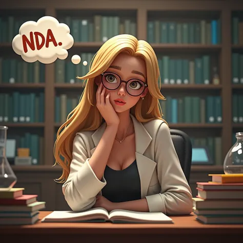 a long blonde hair mid 20s woman, medium weight body, medium breast, wearing eyeglasses, wearing long sleeve royal black gown, sitting in library, laboratory as background, do not show breast, do not show boobs, masterpiece, award-winning 3d cartoon, corre...