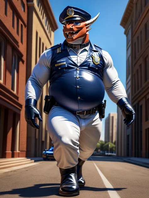 Dragon, leather collar, white rubber gloves on hands and feet, white spats on feet, fat, bulging belly, large belly, police officer, stomping the ground, stomping feet on the ground, rubbing his belly, walking towards viewer, neck bulge, open mouth, (high ...