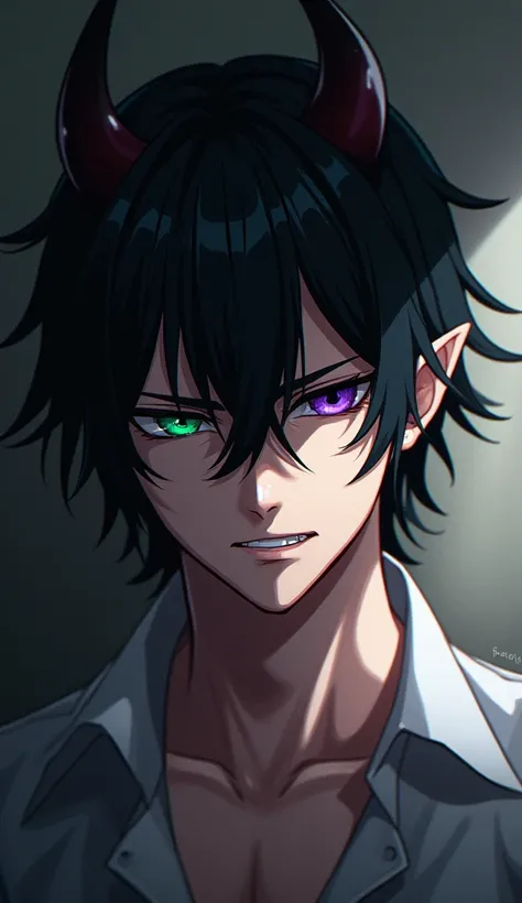 man,black hair, purple eyes, green eyes,Tooth, pointy ears, a high resolution, In detail, very detailed, short hair, fangs, Strictness, simple background, Demon Horns, chiaroscuro, Backlight, anime style, 
