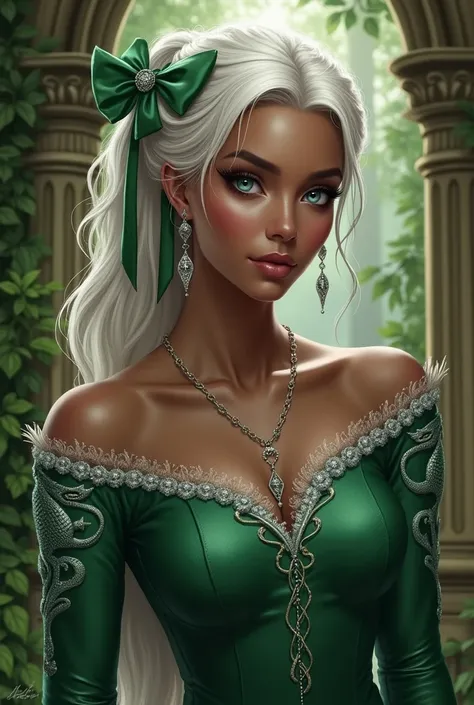 Alyssa Velaryon light blue eyes black skin platinum hair and moss green dress with sleeves and silver details with dragons embroidered on the sleeves medieval with a green bow 