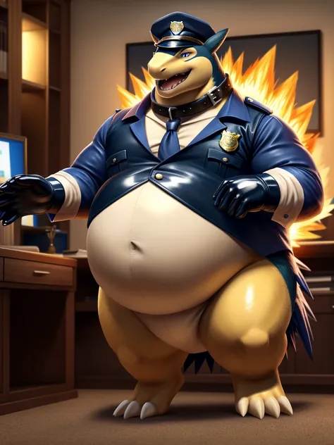 Typhlosion, leather collar, white rubber gloves on hands and feet, white spats on feet, fat, bulging belly, large belly, police officer, stomping the ground, stomping feet on the ground, rubbing his belly, walking towards viewer, neck bulge, open mouth, (h...