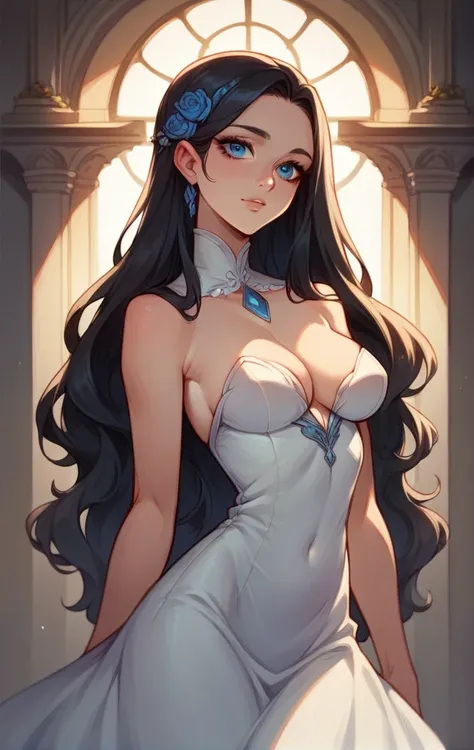 A beautiful and beautiful young princess with black hair with blue eyes, she is wearing her beautiful long white dress